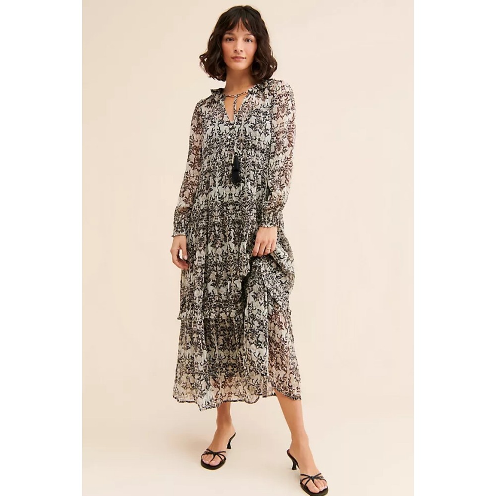 Anthropologie Rabbit Damask Print Tiered Maxi Dress Black Cream 2X